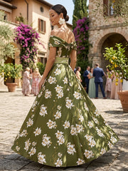 A-Line Off Shoulder Floral Print Satin Evening Dresses with Rhinestone Waist