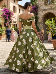 A-Line Off Shoulder Floral Print Satin Evening Dresses with Rhinestone Waist