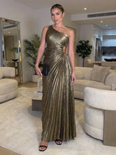 A-Line One Shoulder Pleated Metallic Satin Maxi Evening Dresses