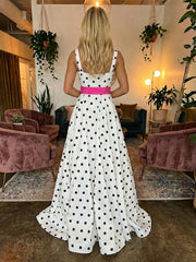 A-Line Satin Polka Dot Square Neck Evening Dresses Ball Gowns with Bow Waist