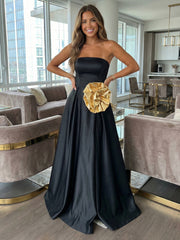 A-Line Satin Strapless Floor-Length Evening Dresses Ball Gowns