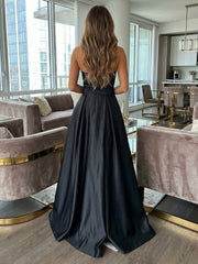 A-Line Satin Strapless Floor-Length Evening Dresses Ball Gowns