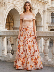 A-Line/Princess Off Shoulder Floral Embroidery Maxi Evening Dresses with 3D Flowers
