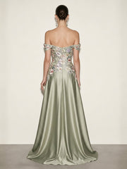 A-Line/Princess Off Shoulder Satin Maxi Evening Dresses with Sequin Floral Bodice & Sweep Train