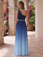 A-Line/Princess One Shoulder Chiffon Maxi Evening Dresses with Pleats & Colorblock
