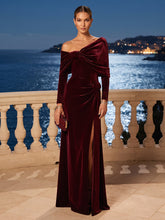 A-Line/Princess Off Shoulder Velvet Maxi Evening Dresses with Ruched Waist & Slit