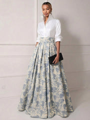 A Line Shirt Collar Half Sleeve Long Mother of the Bride Dresses with Jacquard