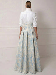 A Line Shirt Collar Half Sleeve Long Mother of the Bride Dresses with Jacquard