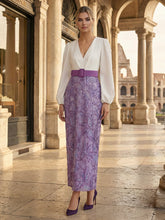 2 Piece Floral Sequin Sheath V-Neck Shirt Ruched Long Mother of the Bride Dresses with Belt