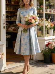 A-Line 3/4 Sleeve Round Neck Knee-Length Mother of the Bride Dresses with Jacquard