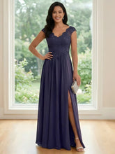 A Line Chiffon Lace Appliques V Neck Pleated Mother of the Bride Dresses with Slit