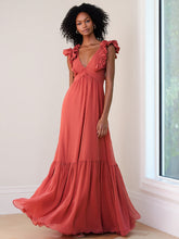 A Line Chiffon V Neck Ruffled Sleeveless Floor Length Formal Dresses