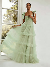 A Line Straps Romantic Long Tulle Formal Dresses with Tiered Ruffles