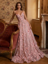3D Flowers A Line Spaghetti Straps V Neck Sparkly Tulle Evening Dresses