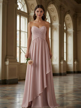 A Line Strapless Ruched Floor Length Chiffon Bridesmaid Dresses with Ruffles