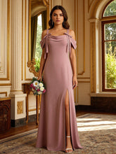 A Line Cold Shoulder Sleeveless Bridesmaid Dresses with Split Side Bows