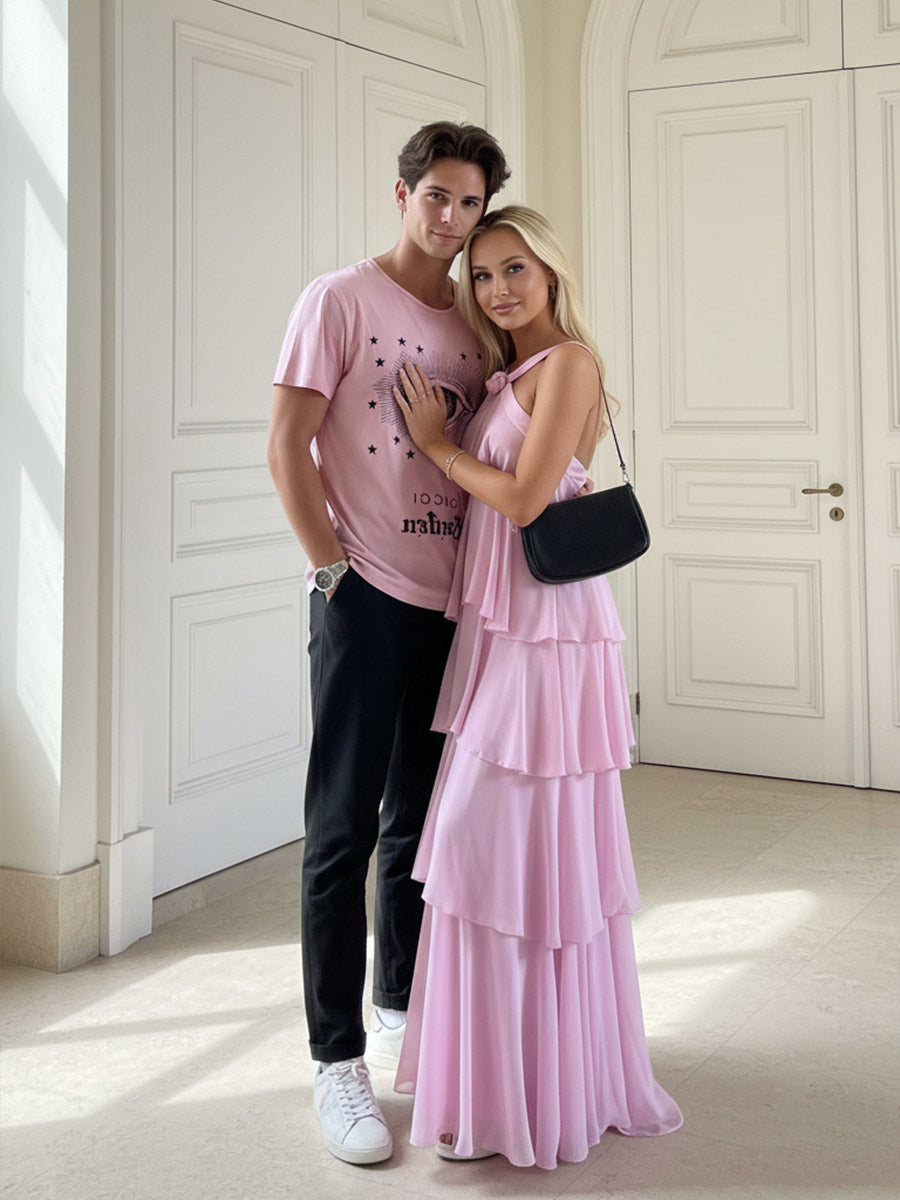 A Line/Princess Halter Floor-Length Prom Dresses with Ruffle Tiered Women Formal Gowns