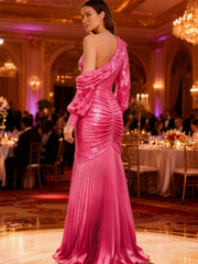 A Line/Princess Long Sleeve Pleated Floor-Length Prom Dresses with Sequin