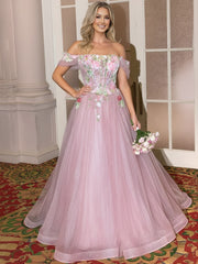 A Line/Princess Cold Shoulder Fairy Prom Dresses with Flowers Fancy Dress