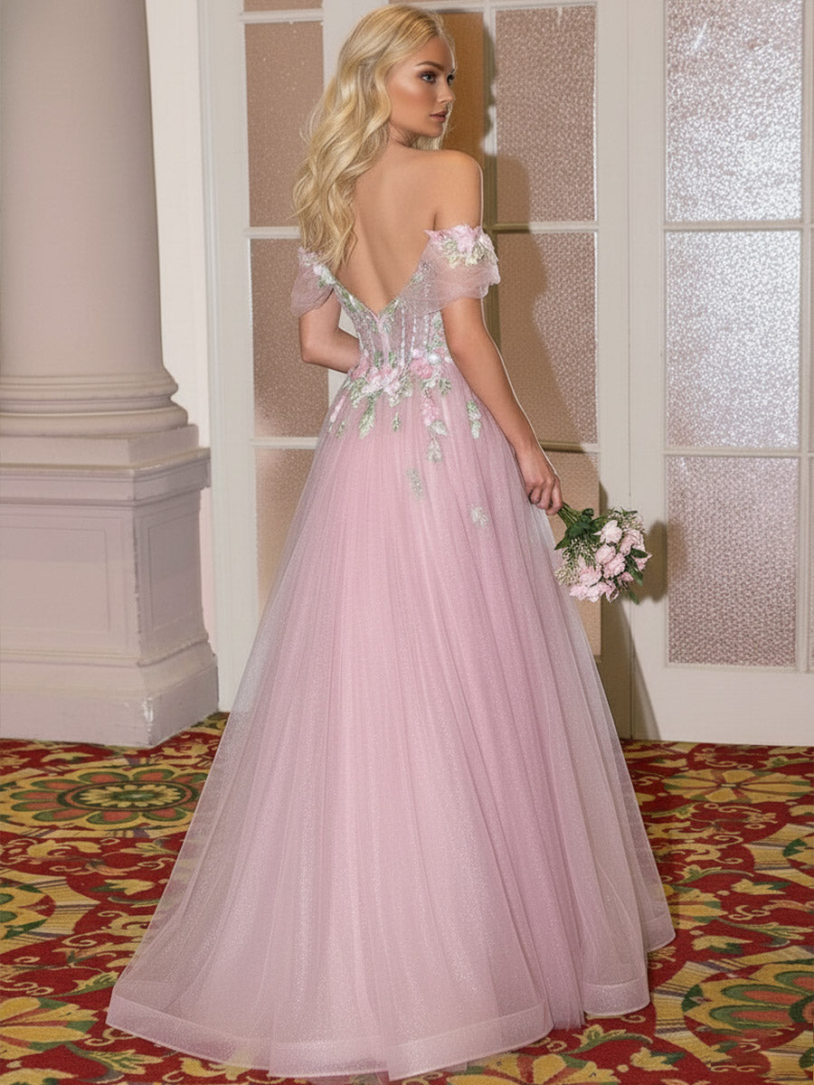 A Line/Princess Cold Shoulder Fairy Prom Dresses with Flowers Fancy Dress