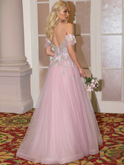 A Line/Princess Cold Shoulder Fairy Prom Dresses with Flowers Fancy Dress