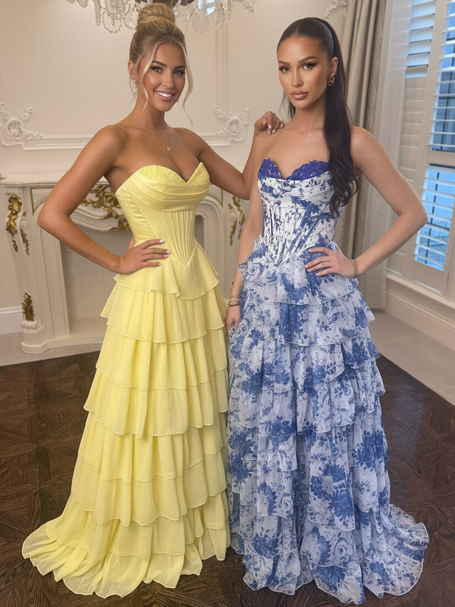 A Line/Princess Tiered Floor-Length Fancy Prom Dresses with Flower Ruffles