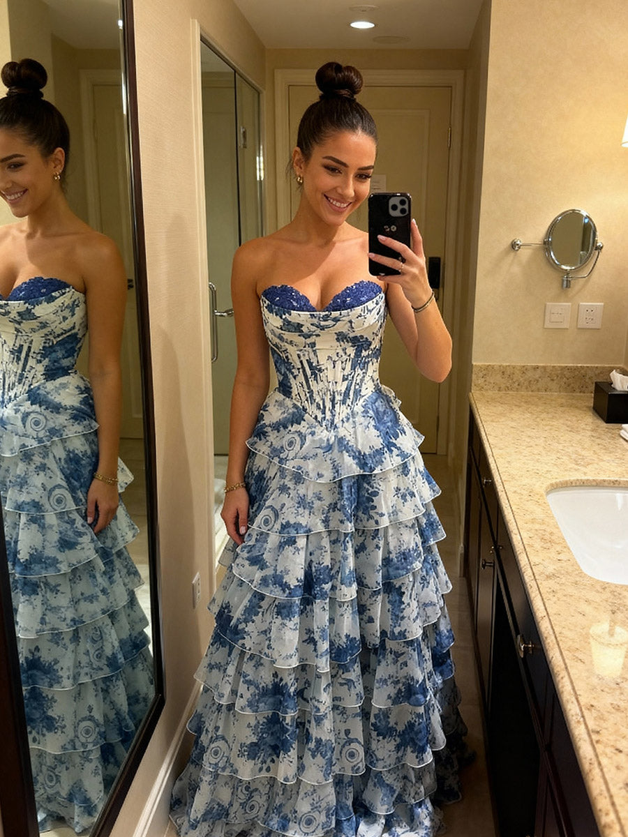 A Line/Princess Tiered Floor-Length Fancy Prom Dresses with Flower Ruffles