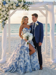 A Line/Princess Tiered Floor-Length Fancy Prom Dresses with Flower Ruffles