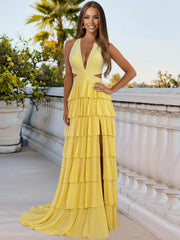 A Line/Princess Halter Tiered Cut-Out Floor-Length Fancy Prom Dresses with Beads