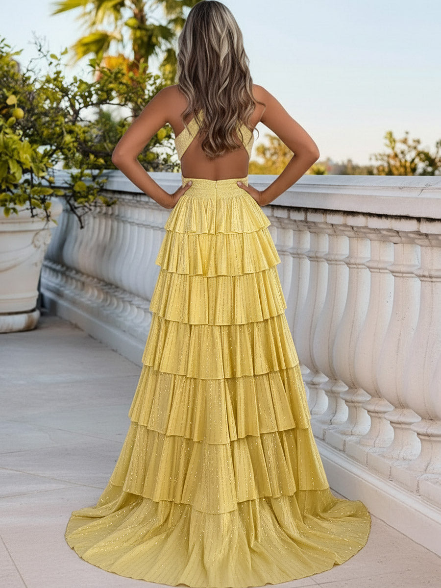 A Line/Princess Halter Tiered Cut-Out Floor-Length Fancy Prom Dresses with Beads