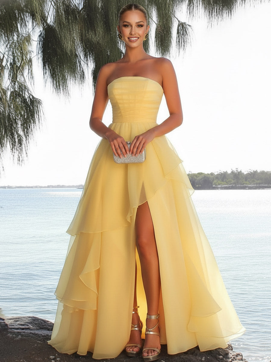 A-Line/Princess Layered Ruffle Sleeveless Floor-Length Fancy Prom Dresses with Slit Women Formal Gowns