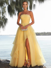 A-Line/Princess Layered Ruffle Sleeveless Floor-Length Fancy Prom Dresses with Slit Women Formal Gowns