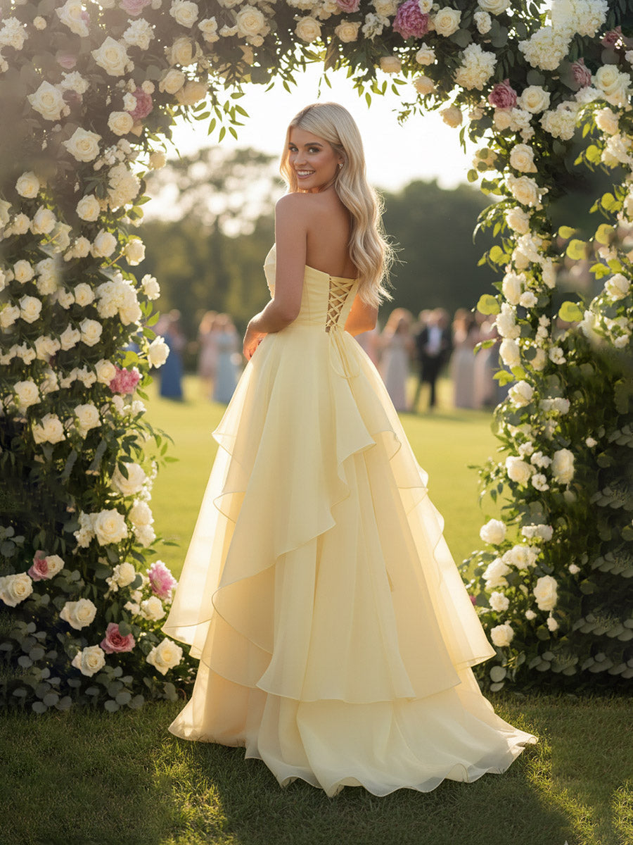 A-Line/Princess Layered Ruffle Sleeveless Floor-Length Fancy Prom Dresses with Slit Women Formal Gowns