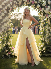 A-Line/Princess Layered Ruffle Sleeveless Floor-Length Fancy Prom Dresses with Slit Women Formal Gowns