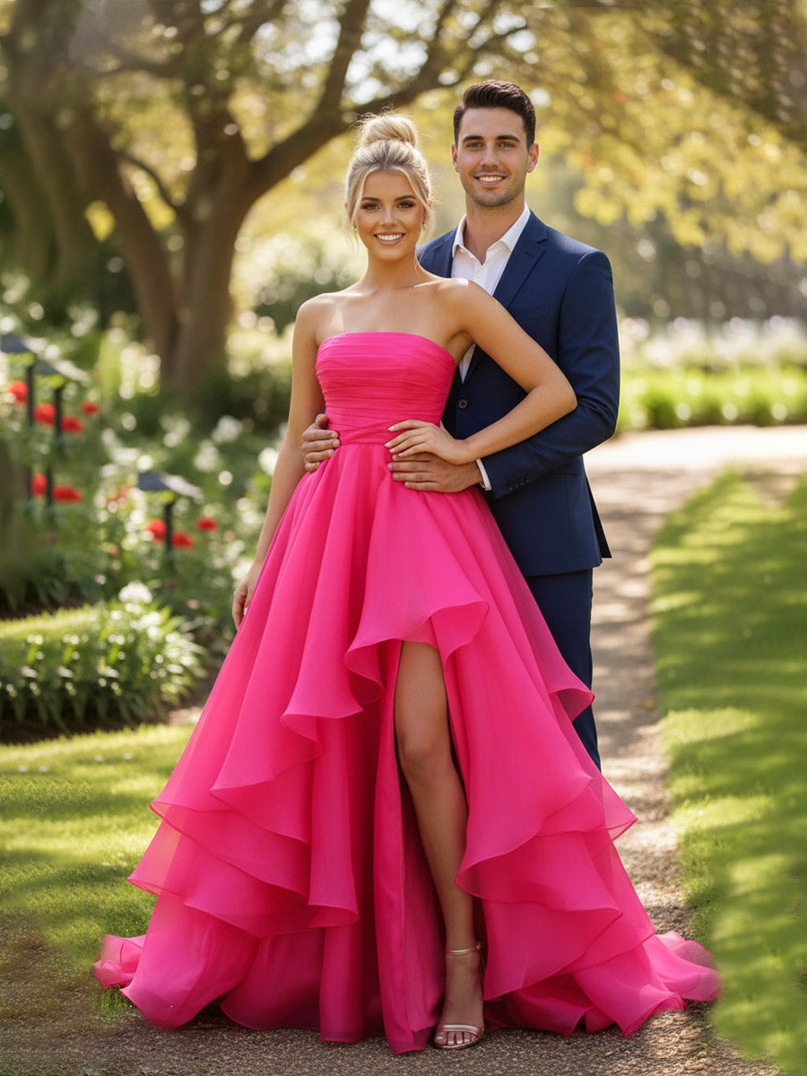A-Line/Princess Layered Ruffle Sleeveless Floor-Length Fancy Prom Dresses with Slit Women Formal Gowns