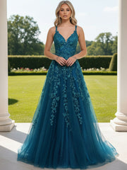 A Line/Princess V Neck Sleeveless Floor-Length Evening Dresses with Lace Appliques