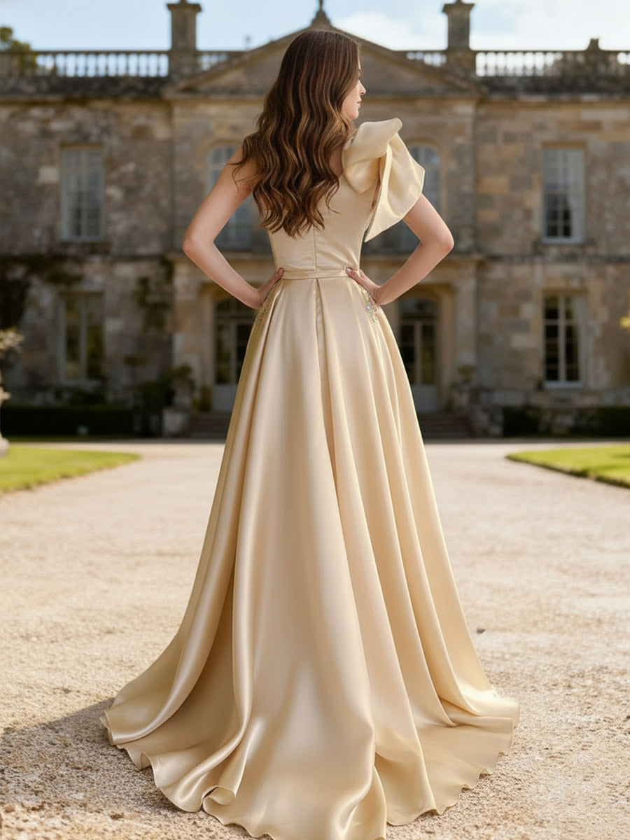 A-Line/Princess Floral One Shoulder Floor-Length Fancy Evening Dresses with Bow