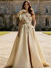 A-Line/Princess Floral One Shoulder Floor-Length Fancy Evening Dresses with Bow