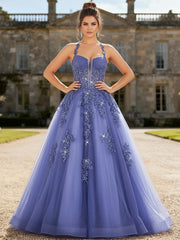 A-Line/Princess Halter Floor-Length Prom Dresses with Lace Appliques