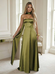 A-Line Scarf Strapless Satin Floor-Length Formal Bridesmaid Dresses