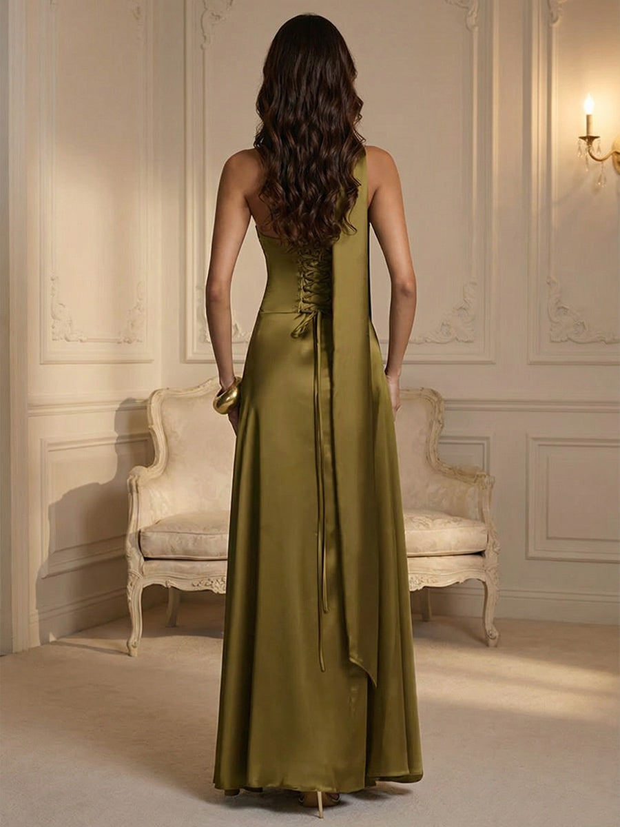 A-Line Scarf Strapless Satin Floor-Length Formal Bridesmaid Dresses