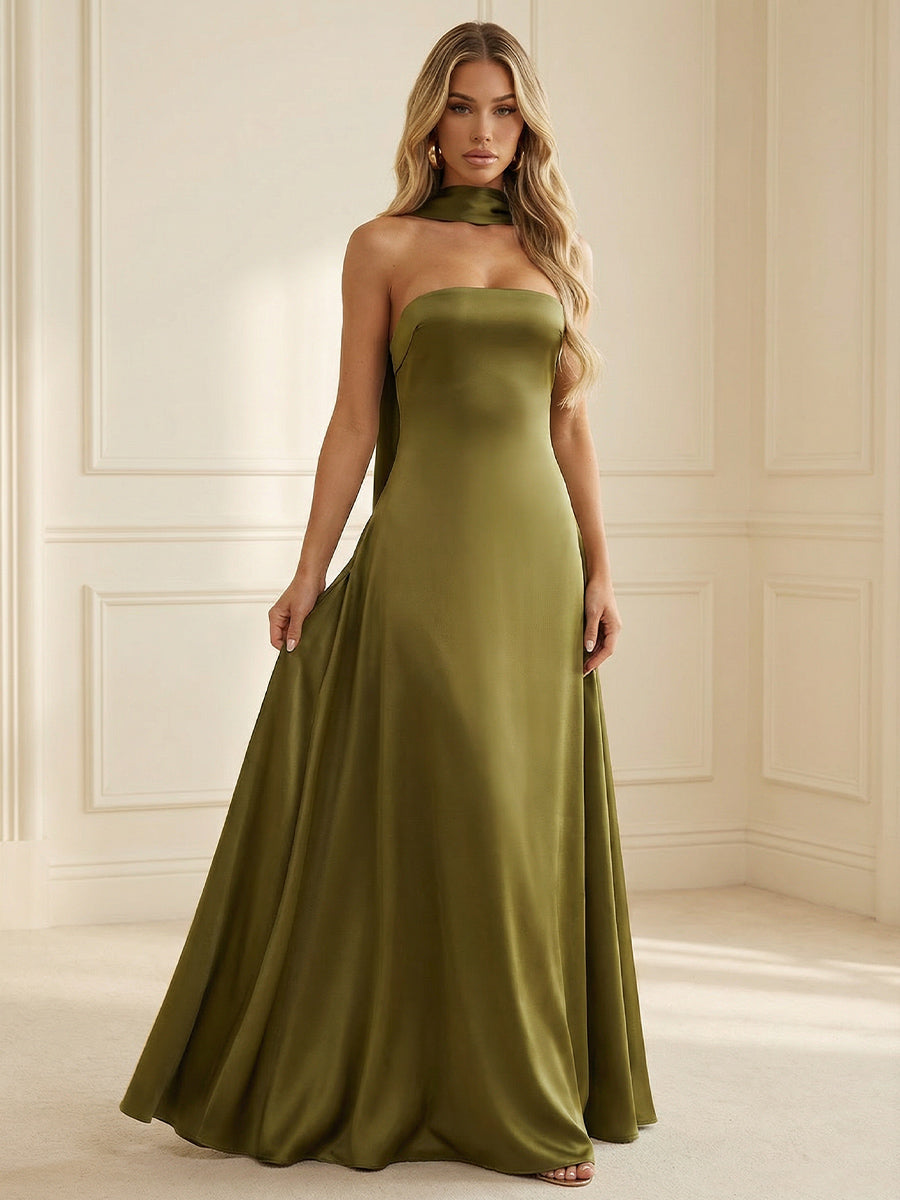 A-Line Scarf Strapless Satin Floor-Length Formal Bridesmaid Dresses