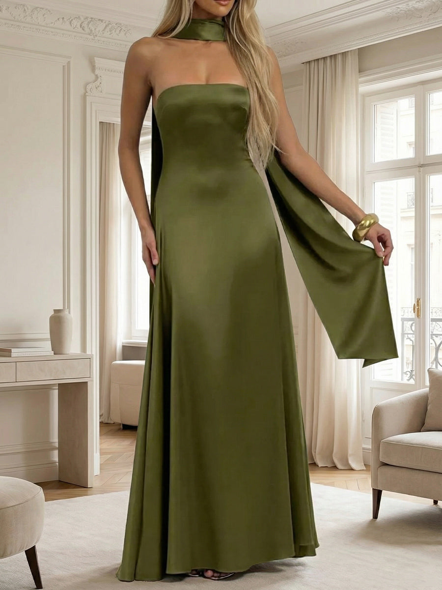 A-Line Scarf Strapless Satin Floor-Length Formal Bridesmaid Dresses