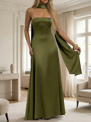 A-Line Scarf Strapless Satin Floor-Length Formal Bridesmaid Dresses