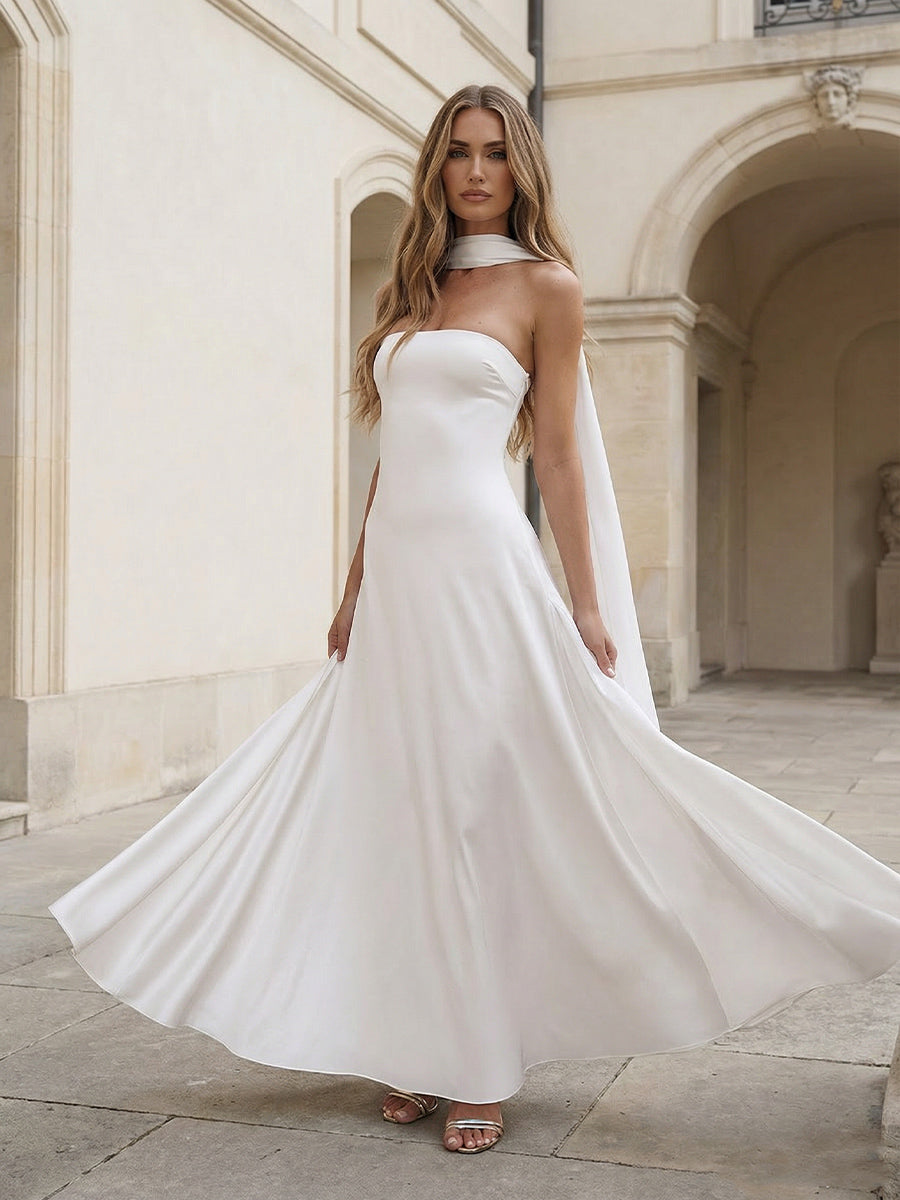 A-Line Scarf Strapless Satin Floor-Length Formal Bridesmaid Dresses