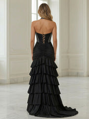 A-Line/Princess Halter Ruched Tiered Floor-Length Prom Dresses with Beading