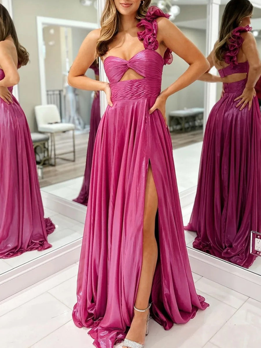 A-Line/Princess One Shoulder Keyhole Metallic Floor-Length Prom Dresses with Pleats