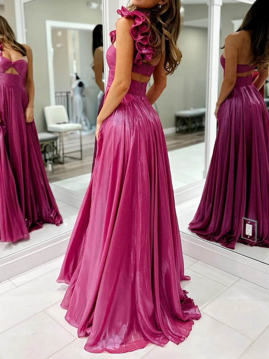 A-Line/Princess One Shoulder Keyhole Metallic Floor-Length Prom Dresses with Pleats