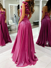 A-Line/Princess One Shoulder Keyhole Metallic Floor-Length Prom Dresses with Pleats