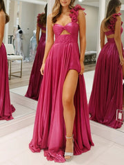 A-Line/Princess One Shoulder Keyhole Metallic Floor-Length Prom Dresses with Pleats